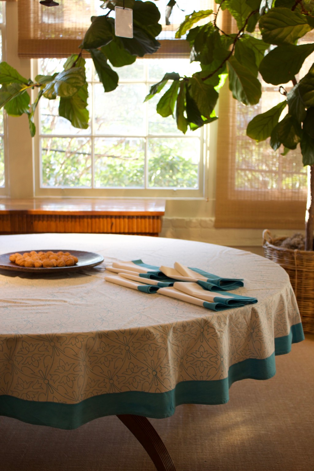 Table with a blue and white cloth