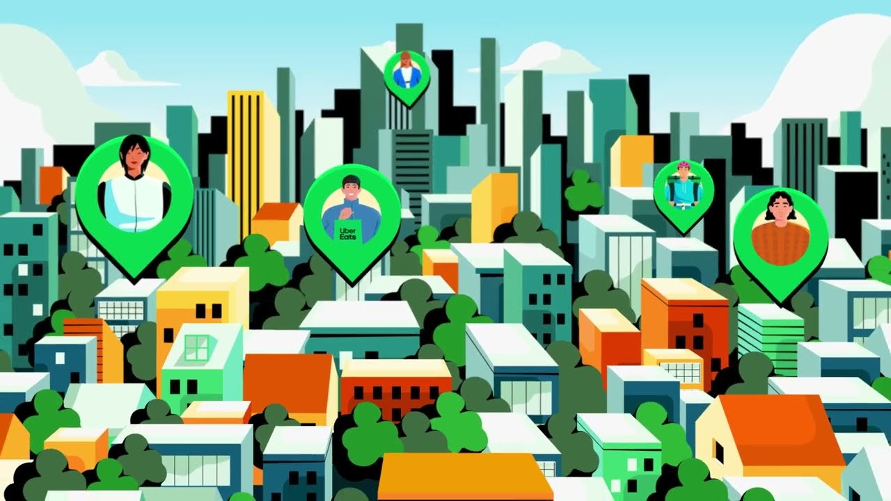 Colorful animated city and merchant characters from the Uber Eats explainer video